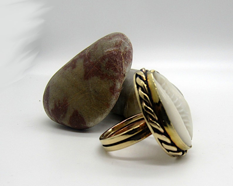 Unique Nu-Gold Brass Natural Cowrie Sea Shell Jewelry Statement Boho Ring Gift for her or a Gift for him and a Free Polishing Cloth image 2