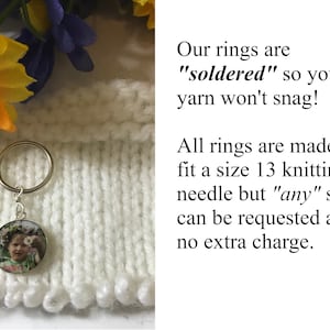 May include: A silver knitting ring with a soldered loop and a photo charm featuring a young girl wearing a flower crown. The ring is shown on a white knitted fabric. Our rings are "soldered" so your yarn won't snag! All rings are made to fit a size 13 knitting needle but "any" size can be requested at no extra charge.