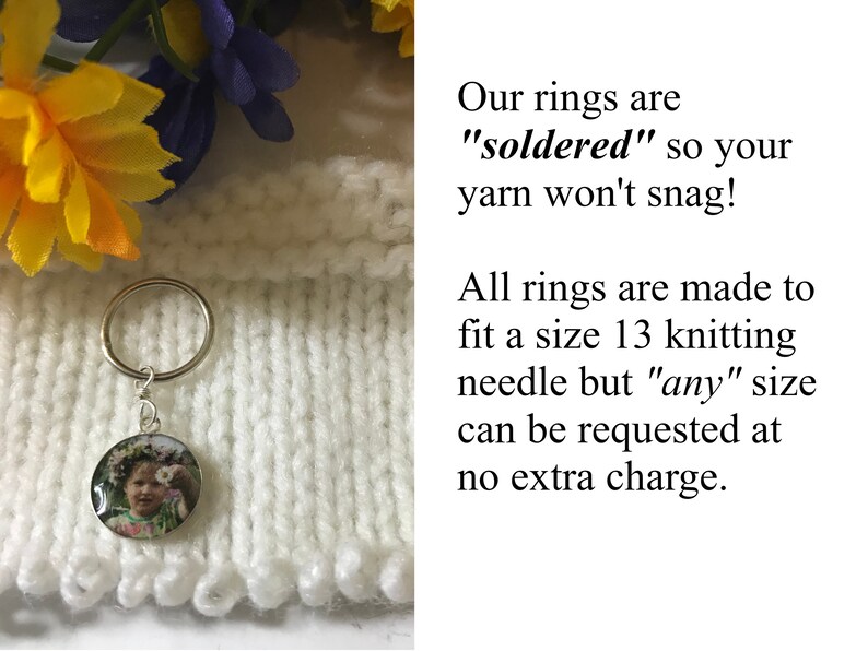 May include: A silver knitting ring with a soldered loop and a photo charm featuring a young girl wearing a flower crown. The ring is shown on a white knitted fabric. Our rings are "soldered" so your yarn won't snag! All rings are made to fit a size 13 knitting needle but "any" size can be requested at no extra charge.