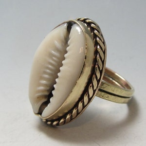 Unique Nu-Gold Brass Natural Cowrie Sea Shell Jewelry Statement Boho Ring Gift for her or a Gift for him and a Free Polishing Cloth image 1
