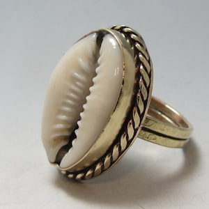 Unique Nu-Gold Brass Natural Cowrie Sea Shell Jewelry Statement Boho Ring Gift for her or a Gift for him and a Free Polishing Cloth