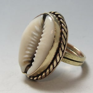 Unique Nu-Gold Brass Natural Cowrie Sea Shell Jewelry Statement Boho Ring Gift for her or a Gift for him and a Free Polishing Cloth image 1