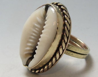 Unique Nu-Gold Brass Natural Cowrie Sea Shell Jewelry Statement Boho Ring Gift for her or a Gift for him and a Free Polishing Cloth