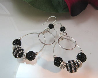 Boho Earrings, Dangle Earrings, Hoop Earrings, Silver Earrings, Crystal Earrings, Pave Crystal Beads, Unique Earrings