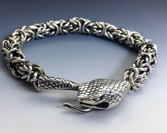 Chunky Sterling Snake Head Byzantine Chain Bracelet