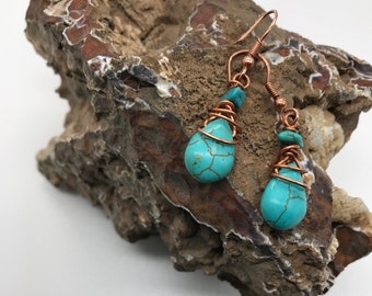 Dangle Drop Earrings, Howlite Earrings, Gemstone Earrings, Delicate Earring, Copper Jewellery, Handmade Earrings, Copper Earring,