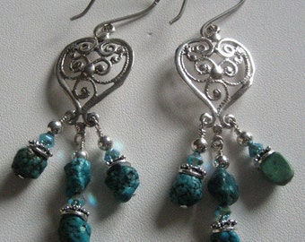 Filigree Heart and Turquoise Earrings