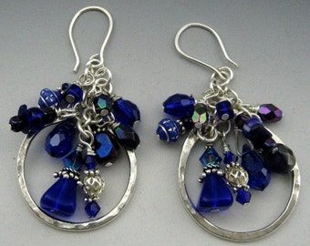Silver Hoop & Blue Dangle Earrings