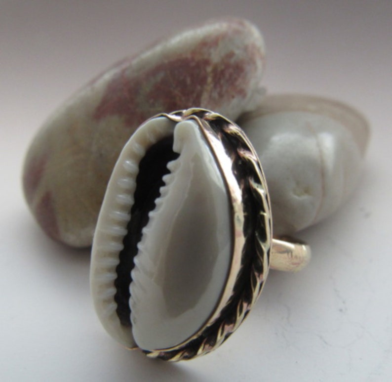 Unique Nu-Gold Brass Natural Cowrie Sea Shell Jewelry Statement Boho Ring Gift for her or a Gift for him and a Free Polishing Cloth image 3
