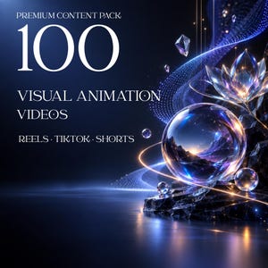Peut inclure: Un graphique numérique avec le texte PREMIUM CONTENT PACK 100 VISUAL ANIMATION VIDEOS REELS TIKTOK SHORTS. Le design présente une grande sphère de cristal lumineuse, une fleur de lotus cristalline et des formes géométriques sur fond bleu.