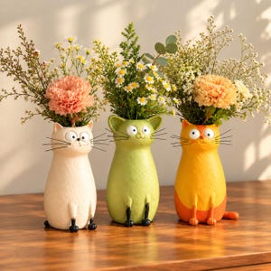 May include: Three cat-shaped vases in cream, light green, and orange, each featuring wide eyes, whiskers, and a smooth finish. These decorative containers hold arrangements of small white flowers, green foliage, and large peach-coloured blooms.