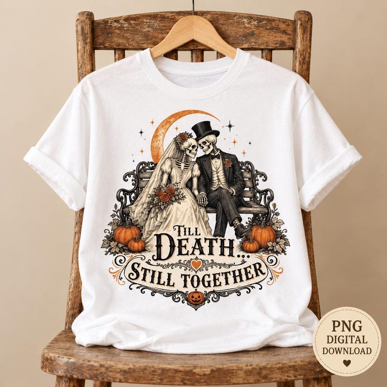 May include: A white short-sleeve t-shirt featuring a graphic of two skeletons in wedding attire sitting on a bench. The text reads Till Death... Still Together. The design includes an orange crescent moon, pumpkins, and decorative scrollwork.