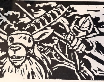 Hand-Carved Princess Mononoke Linocut Print, Original 4x6 Block Print