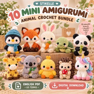 Könnte beinhalten: Ein digitales Häkelanleitungs-Set für 10 Mini-Amigurumi-Tiere, darunter Pinguin, Fuchs, Hase, Schildkröte, Panda, Giraffe, Koala, Küken, Igel und Einhorn. Der Text lautet 10 MINI AMIGURUMI ANIMAL CROCHET BUNDLE.
