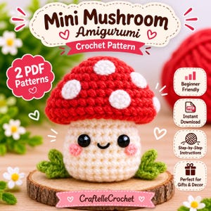 May include: A crochet pattern for a mini mushroom amigurumi featuring a red cap with white spots and a cream-colored stem with black eyes and pink cheeks. The text reads Mini Mushroom Amigurumi, 2 PDF Patterns, and CraftelleCrochet.