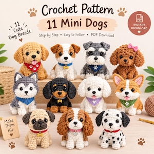 Könnte beinhalten: Eine Häkelanleitung für 11 Mini-Hunde mit dem Text Crochet Pattern 11 Mini Dogs, 11 Cute Dog Breeds, Step by Step, Easy to Follow, PDF Download und Instant Download. Das Bild zeigt 11 kleine, handgefertigte Hunde-Figuren aus Garn.