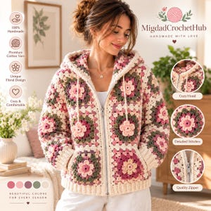 Op de afbeelding: Een vest met rits en capuchon, gemaakt van crèmekleurige, roze en olijfgroene gehaakte granny squares met een bloemmotief. Het kledingstuk heeft een ritssluiting aan de voorzijde, lange mouwen en geribbelde boorden. Tekst MigdadCrochetHub is zichtbaar.