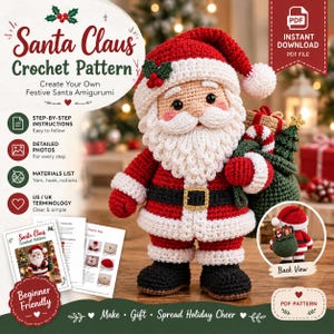 Könnte beinhalten: Eine Häkelanleitung als PDF für einen Weihnachtsmann-Amigurumi, bestehend aus einer rot-weißen Figur mit Bart, schwarzen Stiefeln und einem grünen Sack. Das Dokument enthält Schritt-für-Schritt-Anleitungen, Fotos und eine Materialliste.