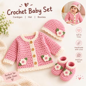 Könnte beinhalten: Ein rosa Häkelset für Babys bestehend aus einer langärmeligen Strickjacke mit vier Holzknöpfen, einer passenden Mütze und einem Paar Babyschuhen. Jedes Teil ist mit weißen und rosa Blumenapplikationen, grünen Blättern und cremefarbenen Rändern verziert.