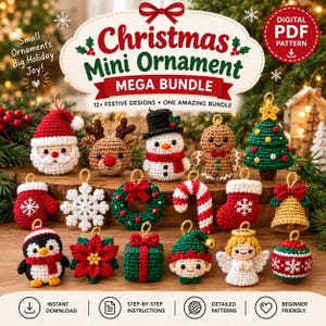 Könnte beinhalten: Ein digitales PDF-Muster für ein Weihnachts-Mini-Ornament-Mega-Bundle mit über 12 festlichen Häkeldesigns, darunter ein Weihnachtsmann, Rentier, Schneemann, Lebkuchenmann, Tannenbaum, Fäustling, Schneeflocke, Kranz, Zuckerstange und Engel.
