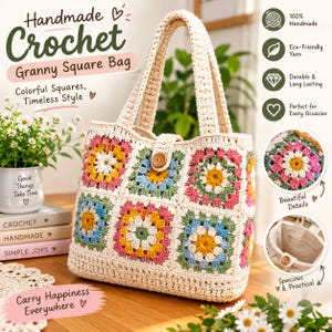 Könnte beinhalten: Eine handgefertigte Häkeltasche aus Granny Squares mit einer cremefarbenen Basis und bunten, blumenartigen Quadraten in Rosa, Gelb, Grün und Blau. Die Tasche verfügt über zwei Tragegriffe, einen einzelnen Holzknopfverschluss und ein gefüttertes Innenfach.