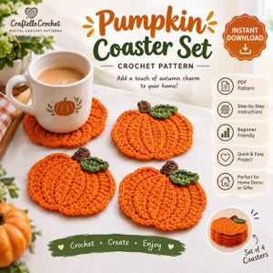 Könnte beinhalten: Eine digitale Häkelanleitung für ein Kürbis-Untersetzer-Set mit dem Text Pumpkin Coaster Set, Crochet Pattern, Add a touch of autumn charm to your home, Craftelle Crochet, Instant Download und Crochet Create Enjoy.
