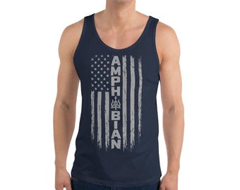 Amphibian Tank Top, American Flag Diver Tank, Freediving Shirt, Spearfishing Tank Top, Patriotic Scuba Diver Gift, Trident Tank for Men