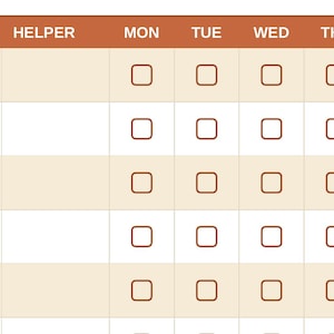 May include: A tan and brown chore chart with columns for helper, Monday through Sunday, and rows for morning feeding, evening feeding, fresh water, walk or exercise, and play time. Each row features empty checkboxes for daily tracking.