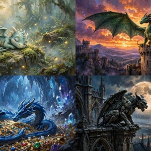 May include: A four-part digital illustration featuring a sleeping light green dragon in a forest, a green dragon perched on a stone castle tower at sunset, a blue dragon coiled around gold coins in a crystal cave, and a stone gargoyle on a roof.