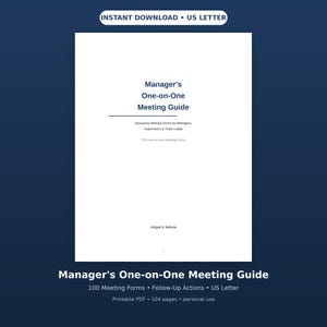 May include: A white document titled Manager's One-on-One Meeting Guide with the subtitle Structured Meeting Forms for Managers, Supervisors & Team Leads, 100 one-on-one meeting forms, and the brand name Abigail & Nebula printed in black text.