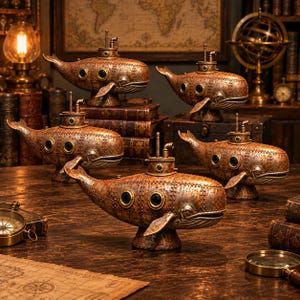 May include: A collection of five whale-shaped submarine figurines crafted with a metallic, weathered bronze finish. Each figure features riveted panel details, circular portholes with dark glass, and a periscope-like structure on the dorsal side.