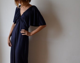 Women's long maxi dress. Dark blue navy soft jersey. Gatsby kimono sleeves. One size fits many.