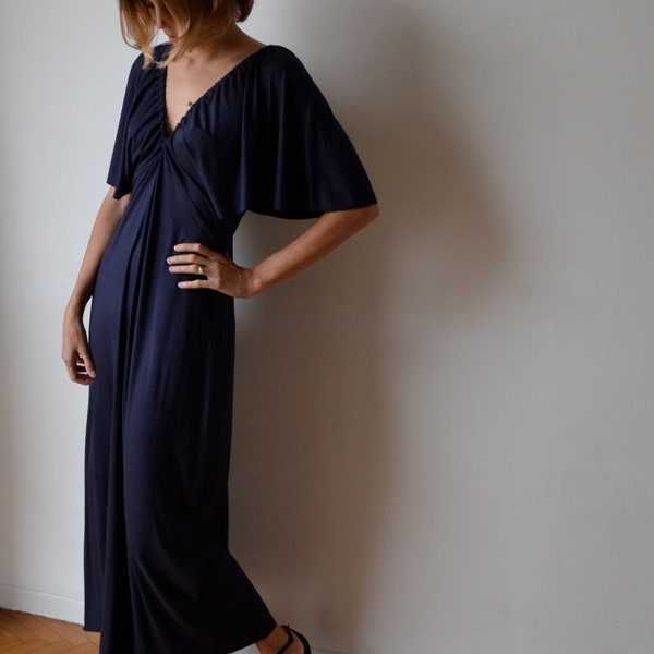 Women's long maxi dress. Dark blue navy soft jersey. Gatsby kimono sleeves. One size fits many.