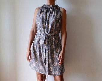 Sleeveless ikat print dress with sash belt, high neckline dress, summer shift dress with belt, sleeveless summer dress, ikat print dress