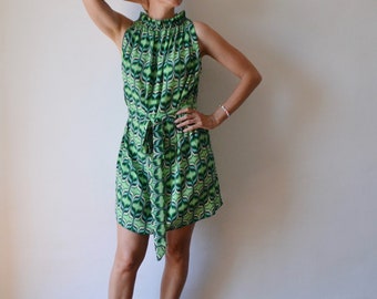 Green ruffle neck sundress, dress with high neckline, sleeveless summer dress, belted shift dress, graphic print dress