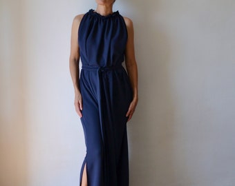 Dark blue grecian floor length dress, long column dress for formal event, wedding guest dress, bridesmaid dress, dress with sash belt