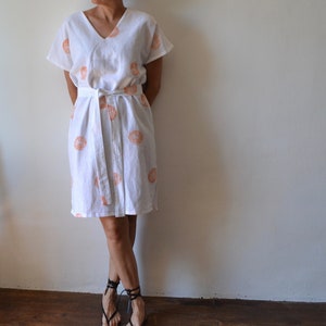 Hand printed caftan dress, white linen caftan, knee length caftan, linen dress, linen clothing, summer linen dress