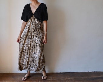 Leopard print long jersey maxi dress, animal print jersey dress, dresses with sleeves, gift for her, wedding guest dress, party dresses