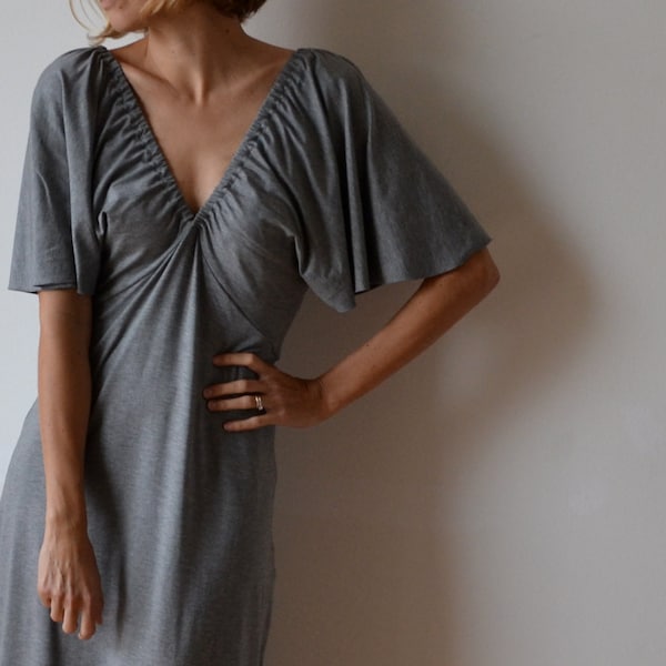 Women's long maxi dress. Grey marle viscose jersey. Gatsby kimono sleeves. One size fits many.