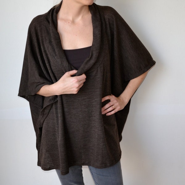 Chocolate brown womens wool jersey top / shawl / sweater alternative. Plus size / maternity.