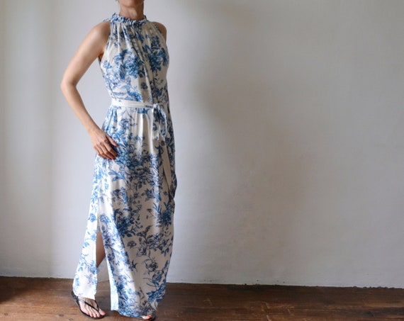 Floral Grecian Maxi Dress Blue And White Floral Viscose Maxi Dress: Grecian  Blouson Gown