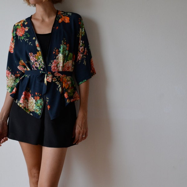 Womens cropped kimono jacket, black floral silky. Made to order.