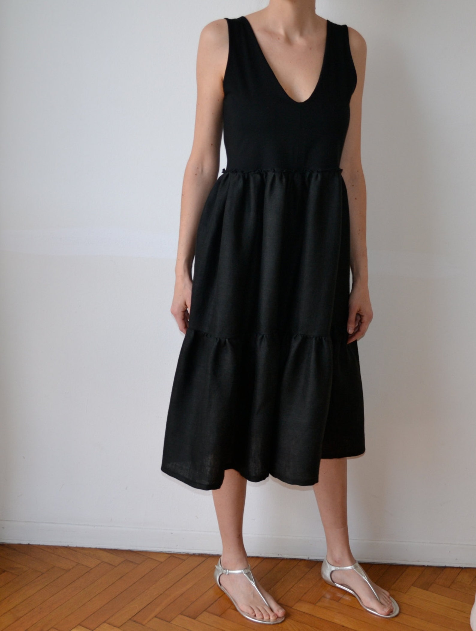 Black Tiered Little Black Dress Linen and Jersey. Ruffles. V Etsy