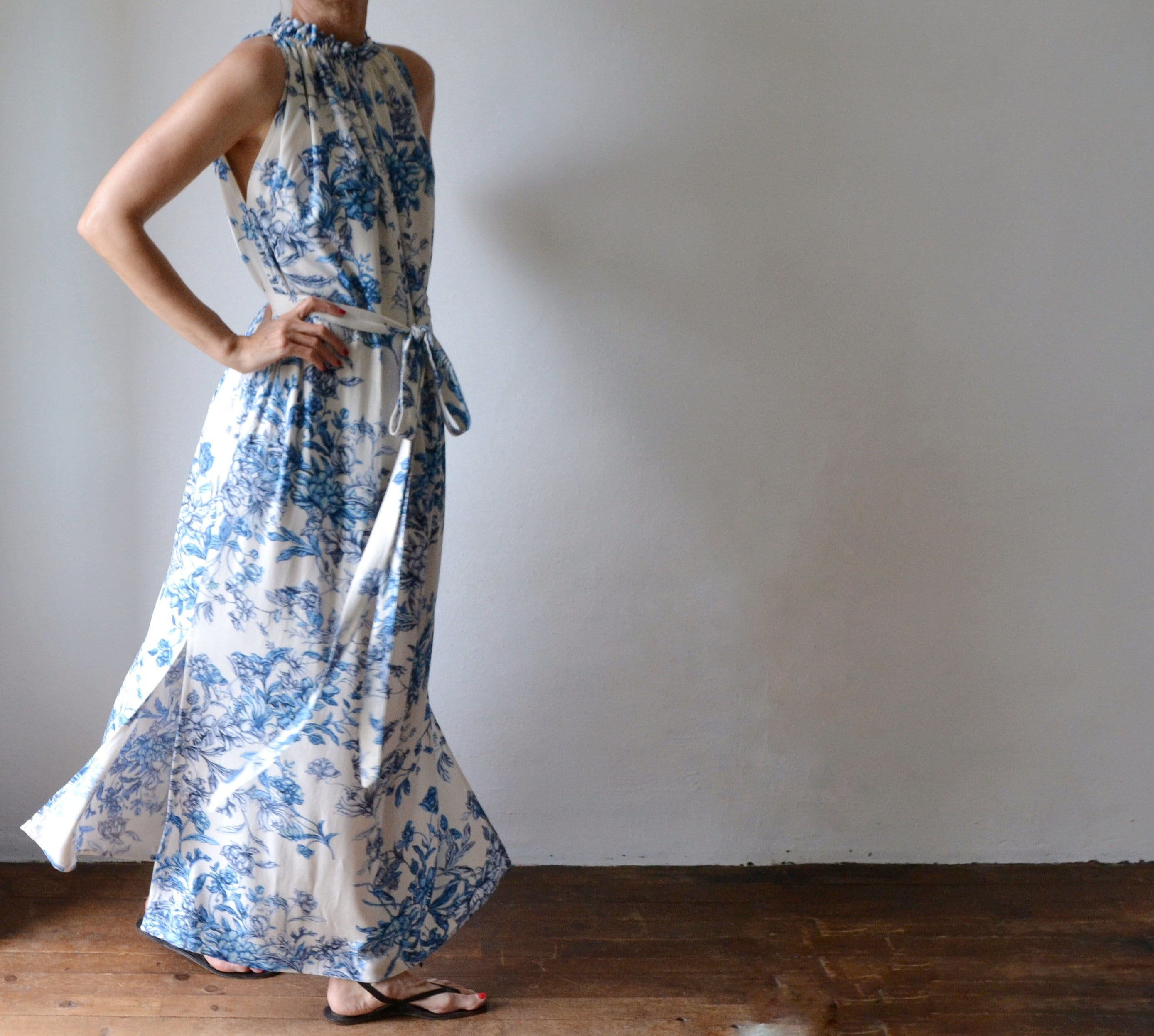 Blue and White Floral Viscose Maxi Dress: Grecian Blouson Gown - Etsy  Ireland