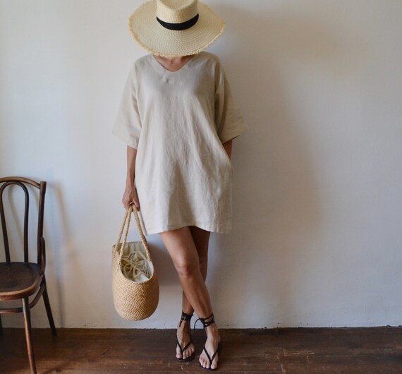 beige tunic dress Beige 100% Cotton Round Neck Short Tunic Dress Custom Size (Free) / Regular (5'2"