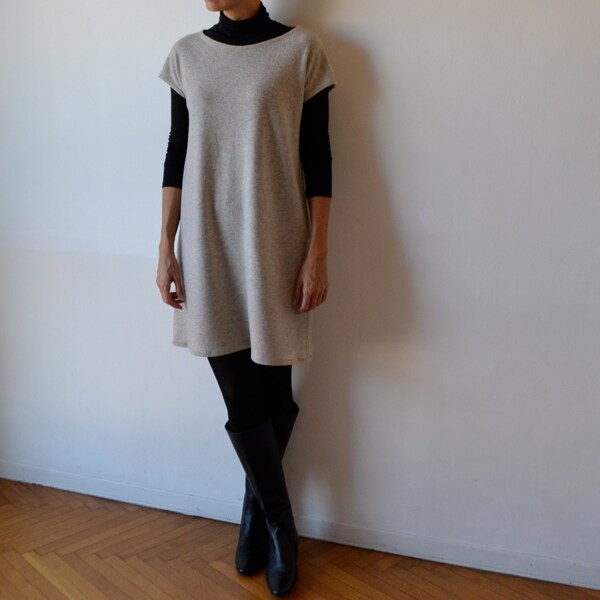 Wool tunic dress / Wool t shirt dress / Warm dress / Loose winter dress / Beige wool tunic