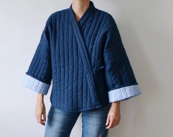 Blue Quilted Kimono Wrap Duster Coat • Cotton Jacket for Women • Boho Layered Fall Coat • Lightweight Quilted Kimono Jacket