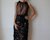 Black embroidered tulle formal evening dress. Cockail, party, ballgown, prom. Floor length. One of a kind.