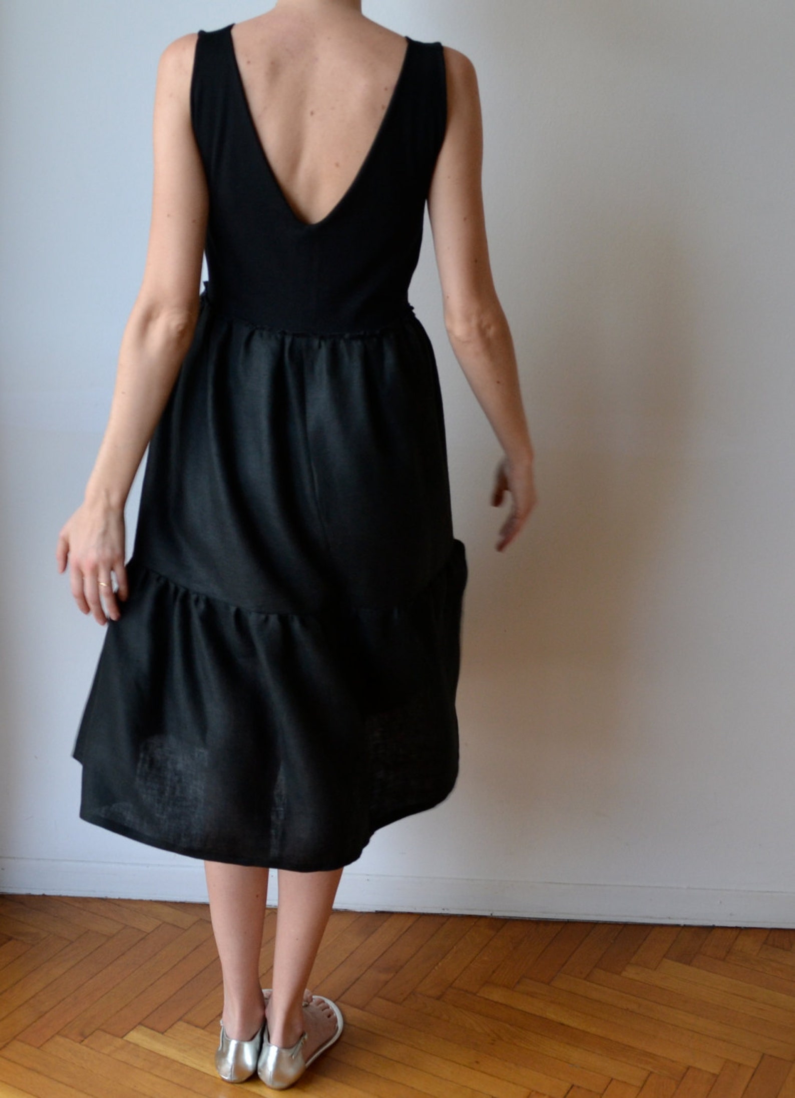 Black Tiered Little Black Dress Linen and Jersey. Ruffles. V Etsy