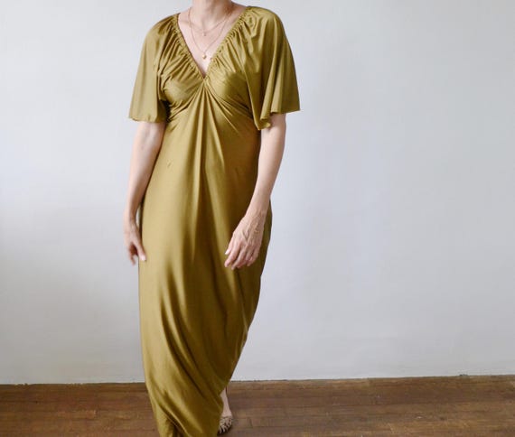 Gold Olive Kimono Sleeve Maxi Dress: Elegant Stretch Jersey - Etsy Israel